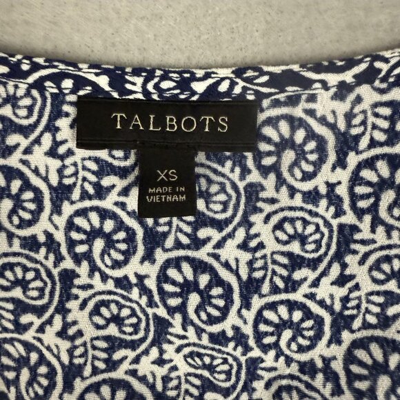 Talbots Wrap Blouse Womens XS Blue White Print Tie Waist 3/4 Sleeve Top - Picture 7 of 12